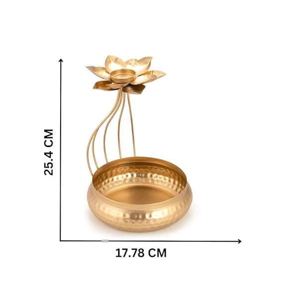 Golden Metal Lotus Tealight Candle Holder with Urli Bowl,