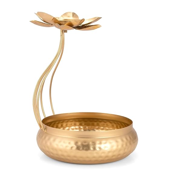 Golden Metal Lotus Tealight Candle Holder with Urli Bowl,