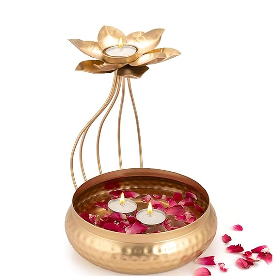 Golden Metal Lotus Tealight Candle Holder with Urli Bowl,