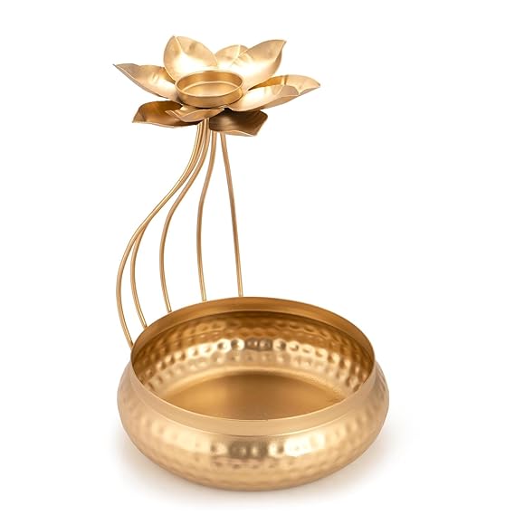 Golden Metal Lotus Tealight Candle Holder with Urli Bowl,